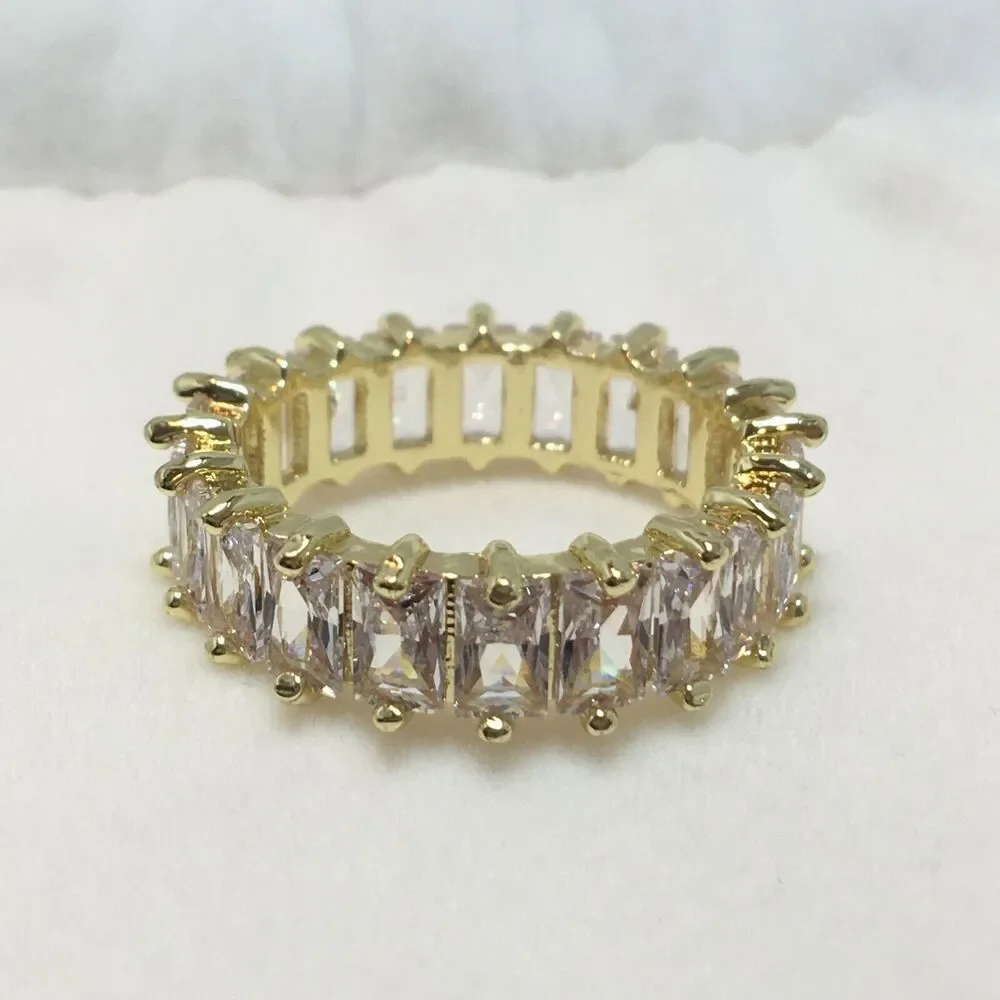 Yellow Gold Plated Eternity Ring Size 6.5 Wide Band Cubic Zirconia Baguettes